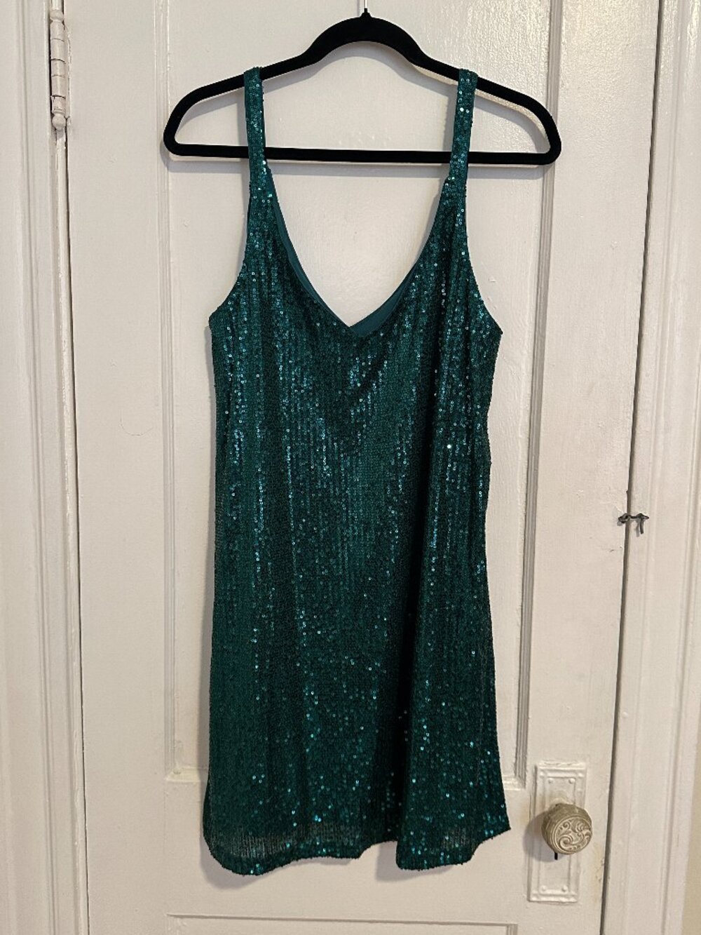 Green sequin sleeveless shift dress